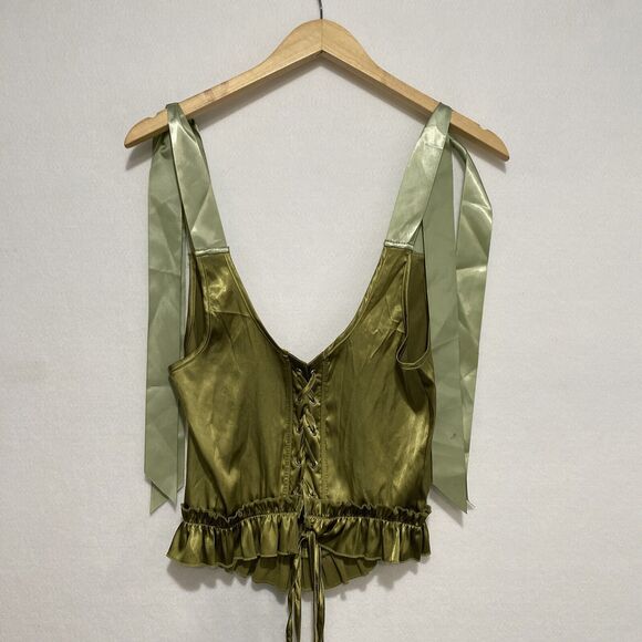 Ribbon Corset Top Medium Whimsical Satiny Chartreuse Lace Up Back Fairy - Picture 8 of 8